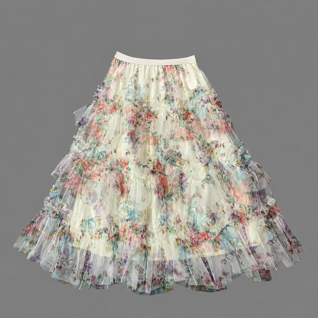 French Vintage Ruffled Asymmetrical Mesh Skirt For Women