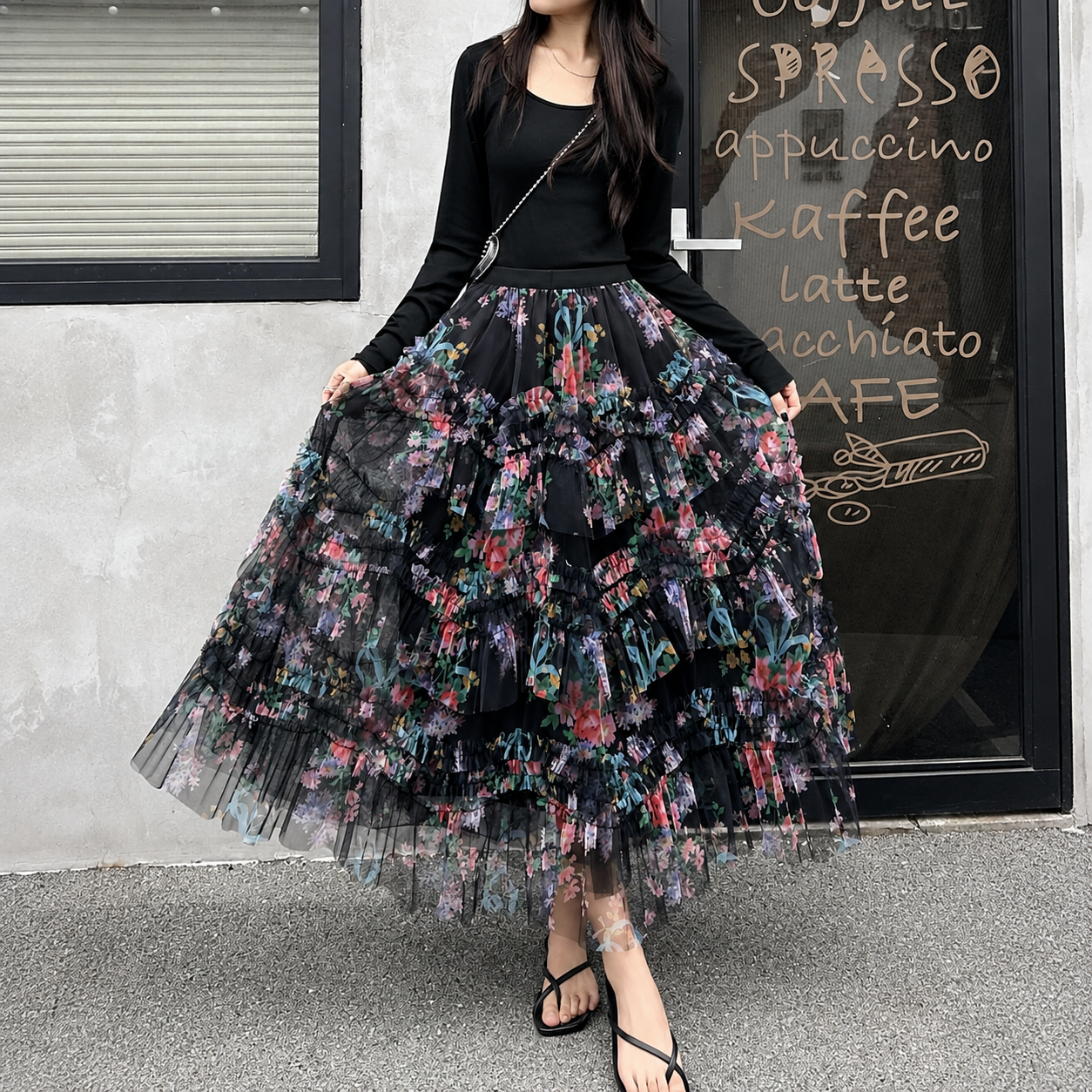 French Vintage Ruffled Asymmetrical Mesh Skirt For Women