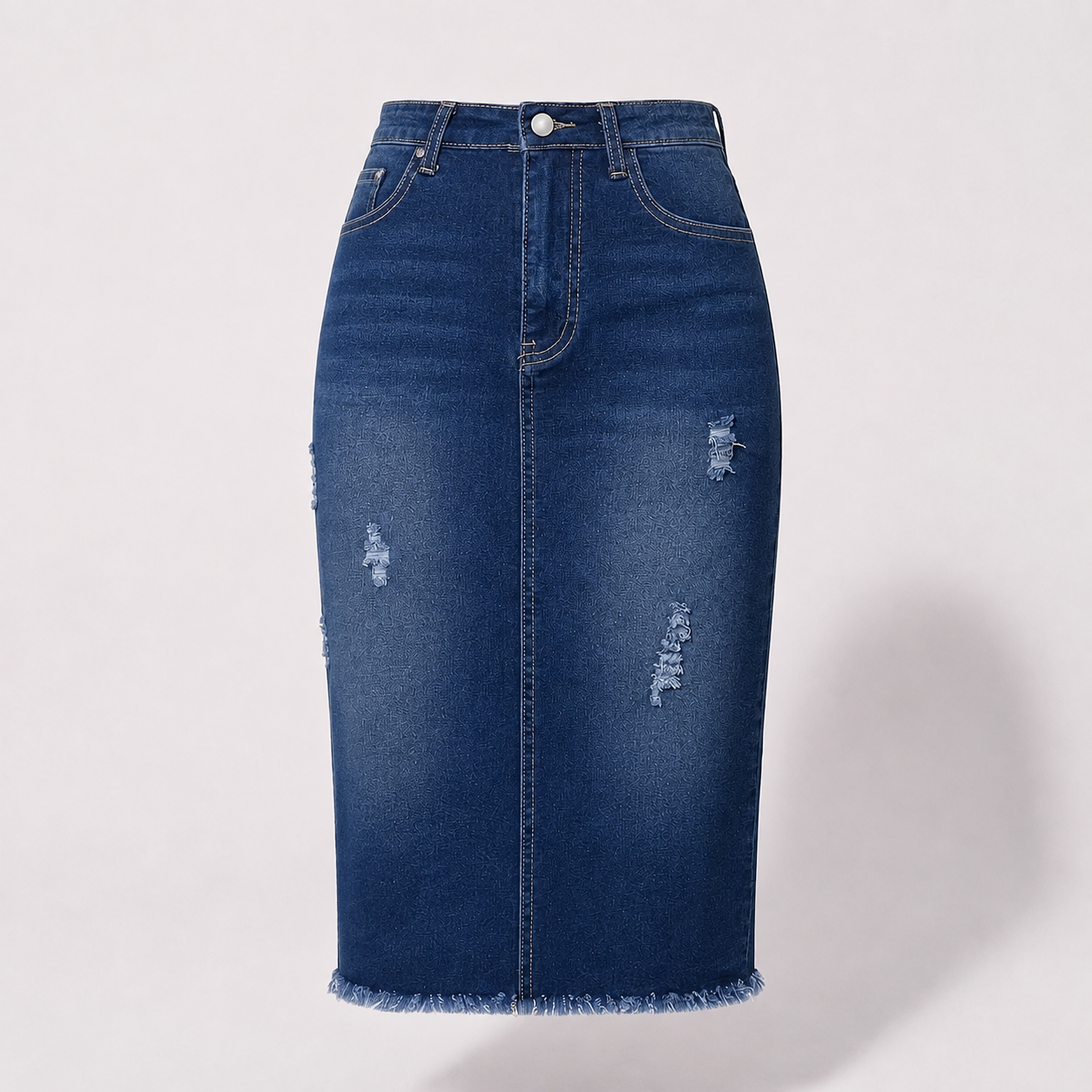 Casual Fitted Denim Ripped Skirt With Button For Women