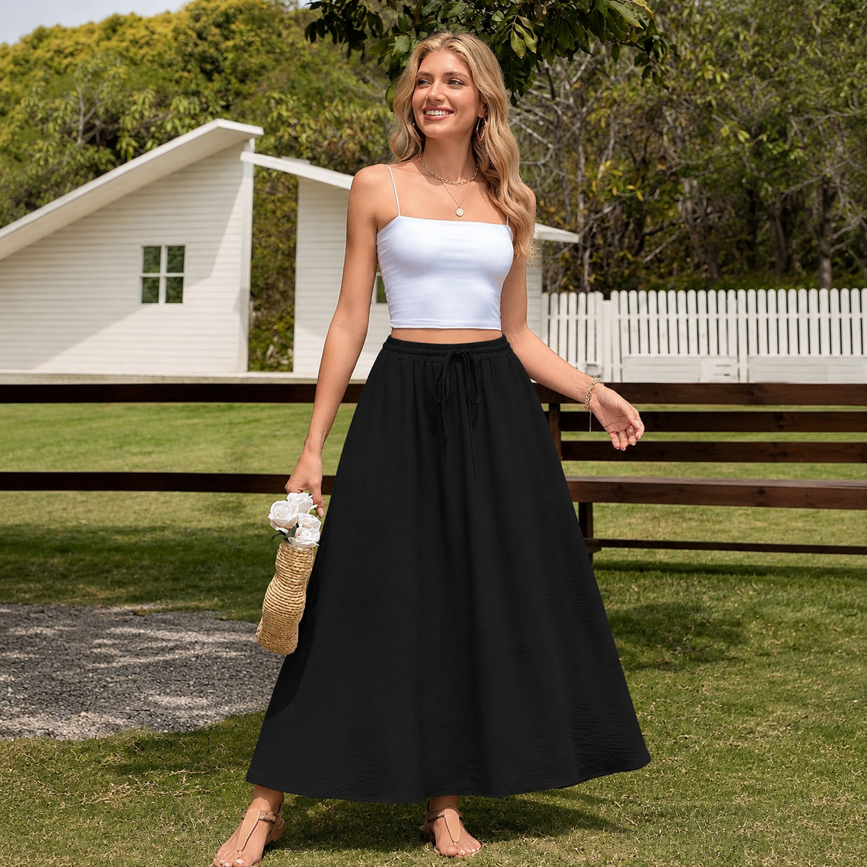 Casual Loose Pleated Boho Fit Skirt With Pockets For Women