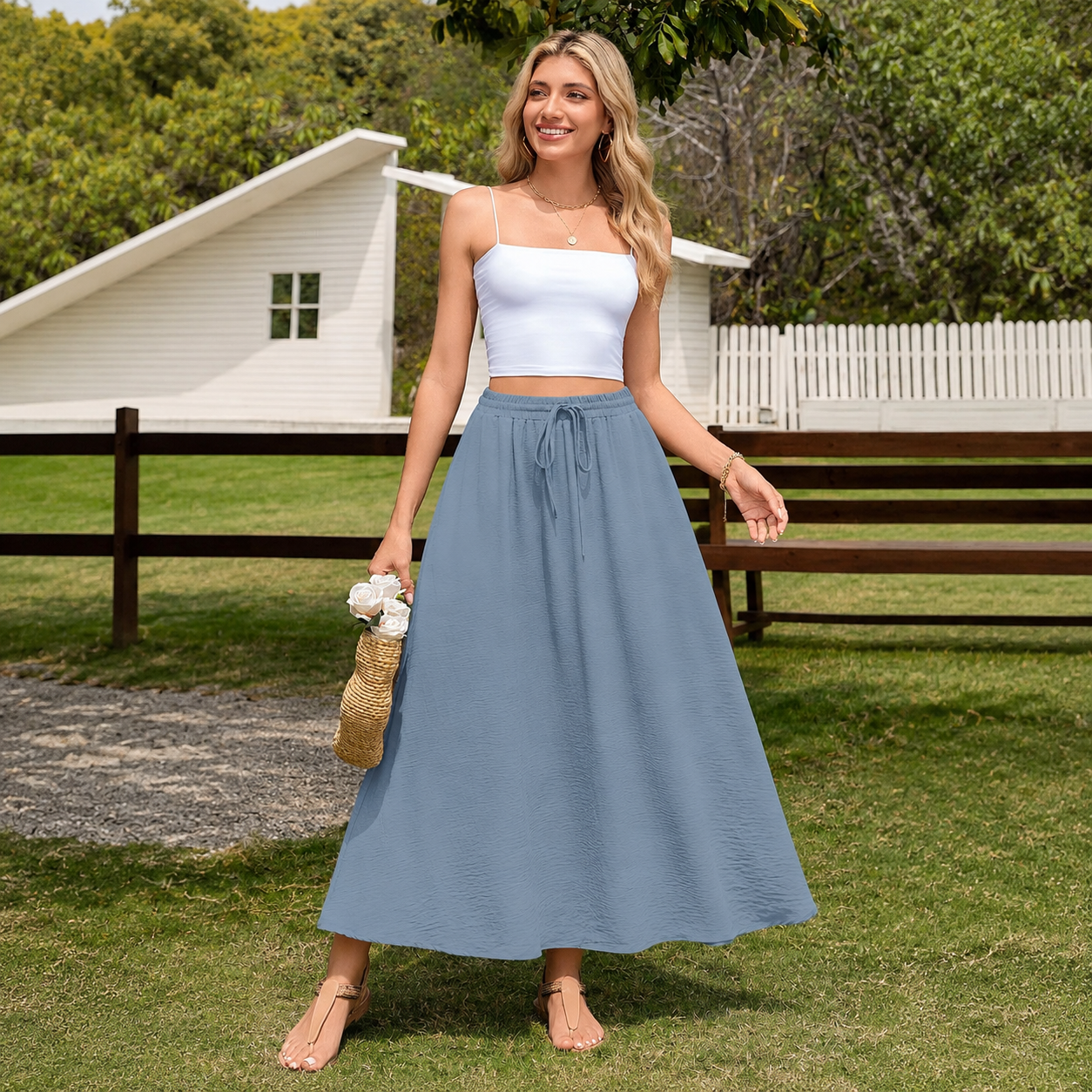 Casual Loose Pleated Boho Fit Skirt With Pockets For Women