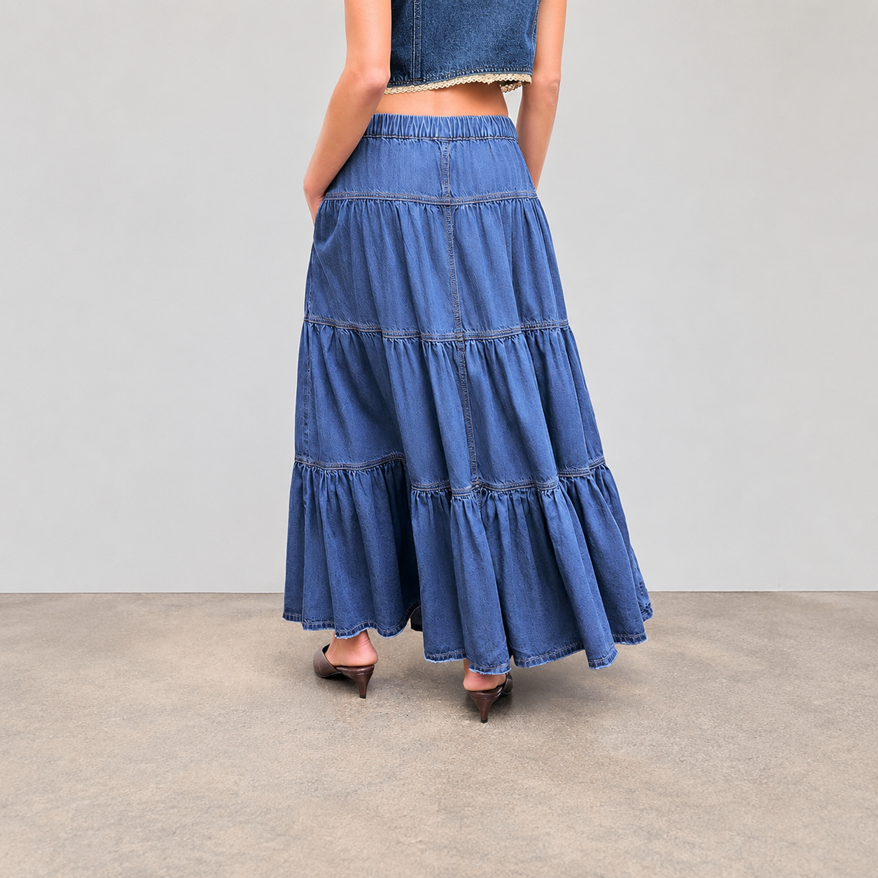 Long Tiered Button Down Denim Skirt For Women