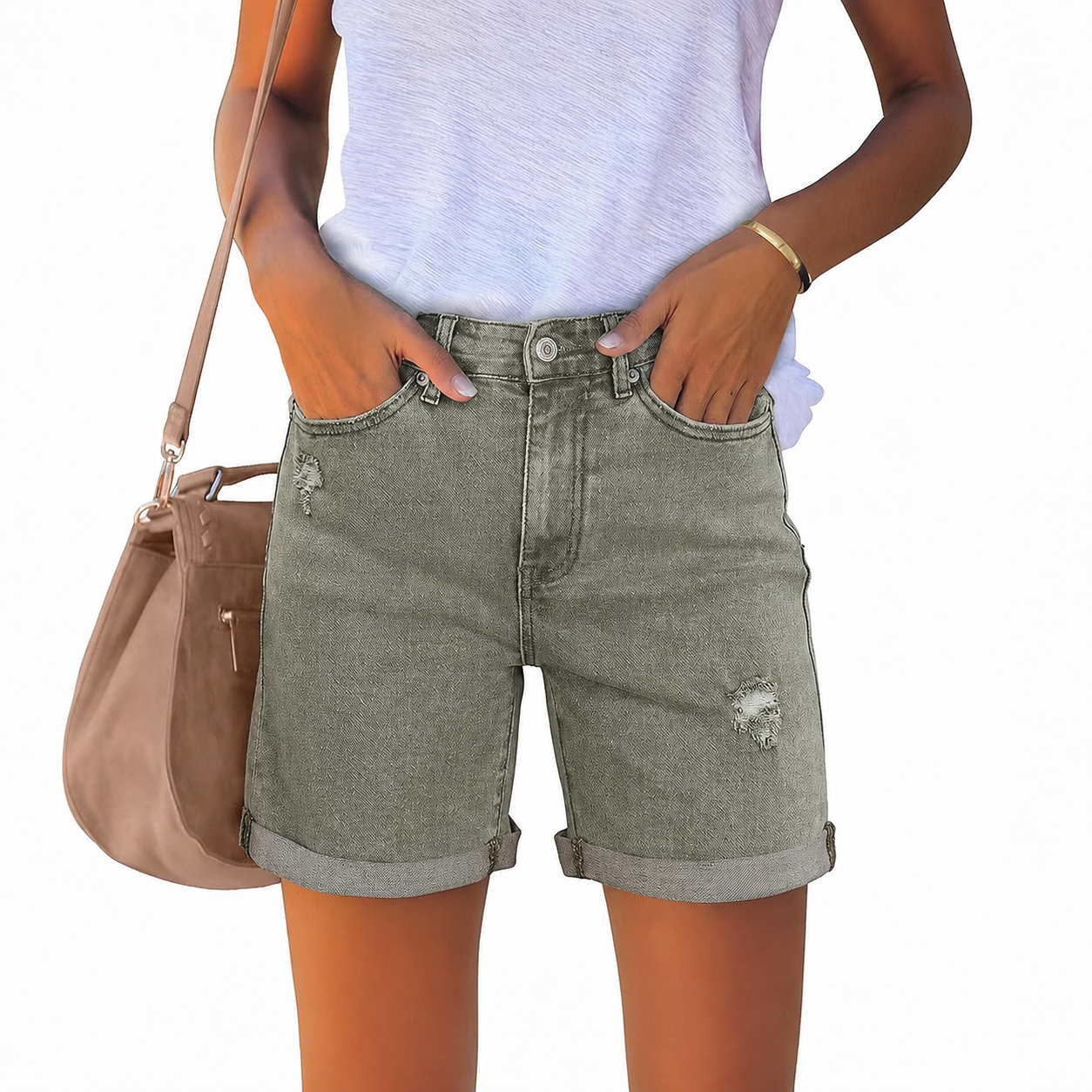 High Rise Casual Ripped Denim Shorts For Women