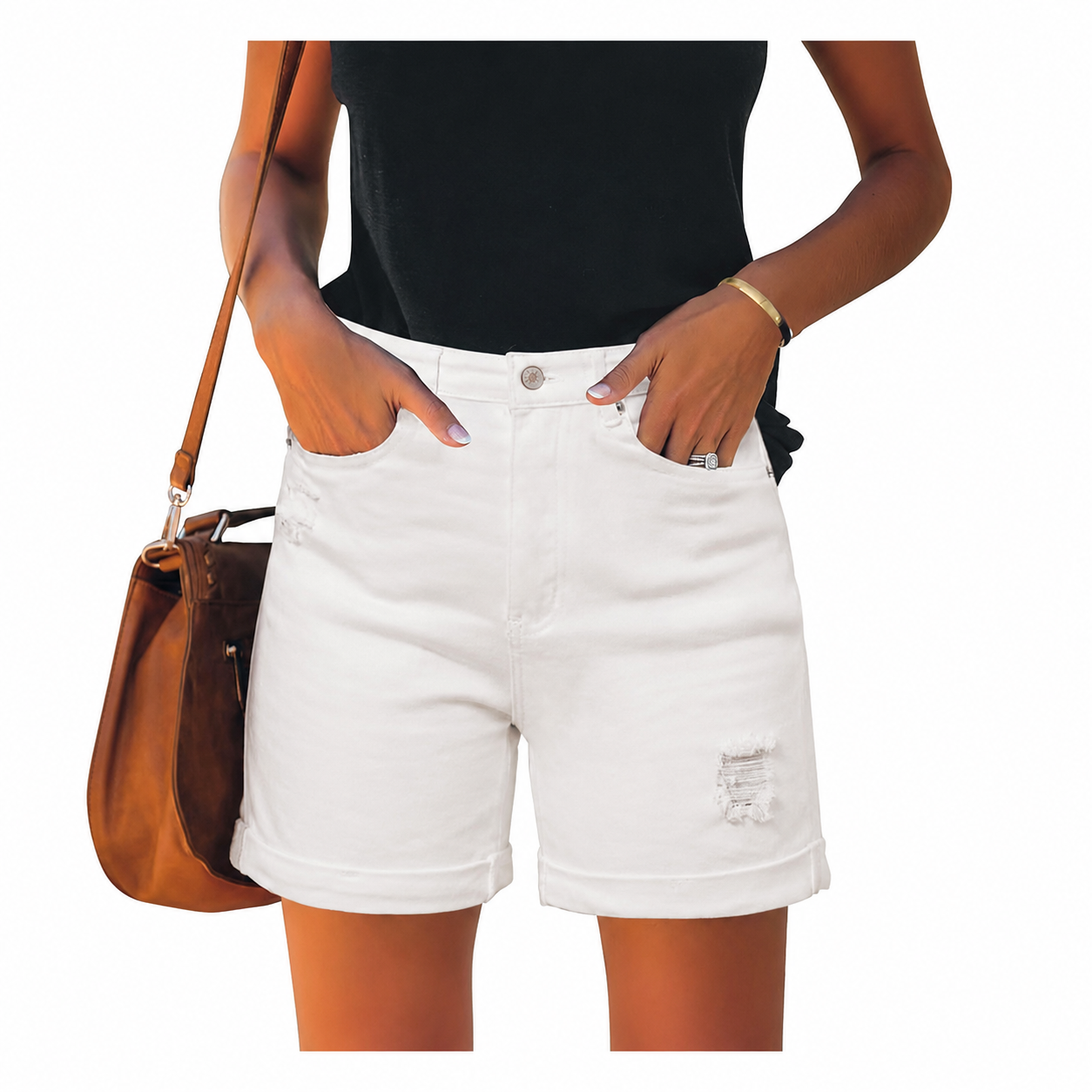 High Rise Casual Ripped Denim Shorts For Women