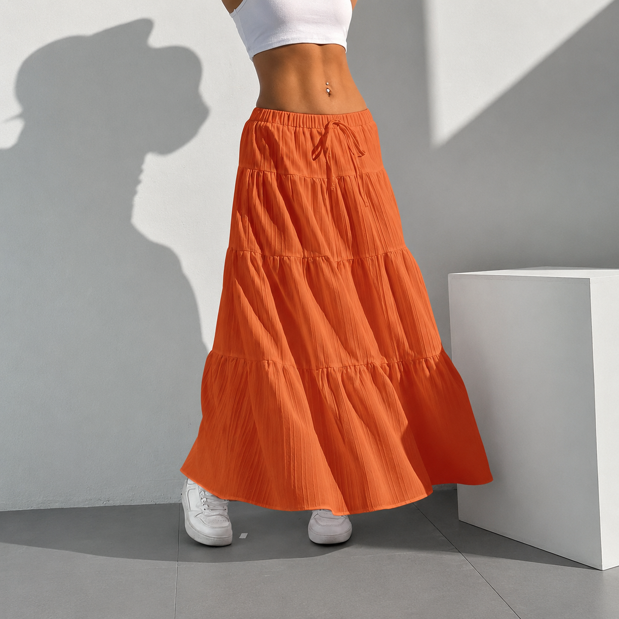 Boho Flowy Maxi Skirt With Elastic For Women
