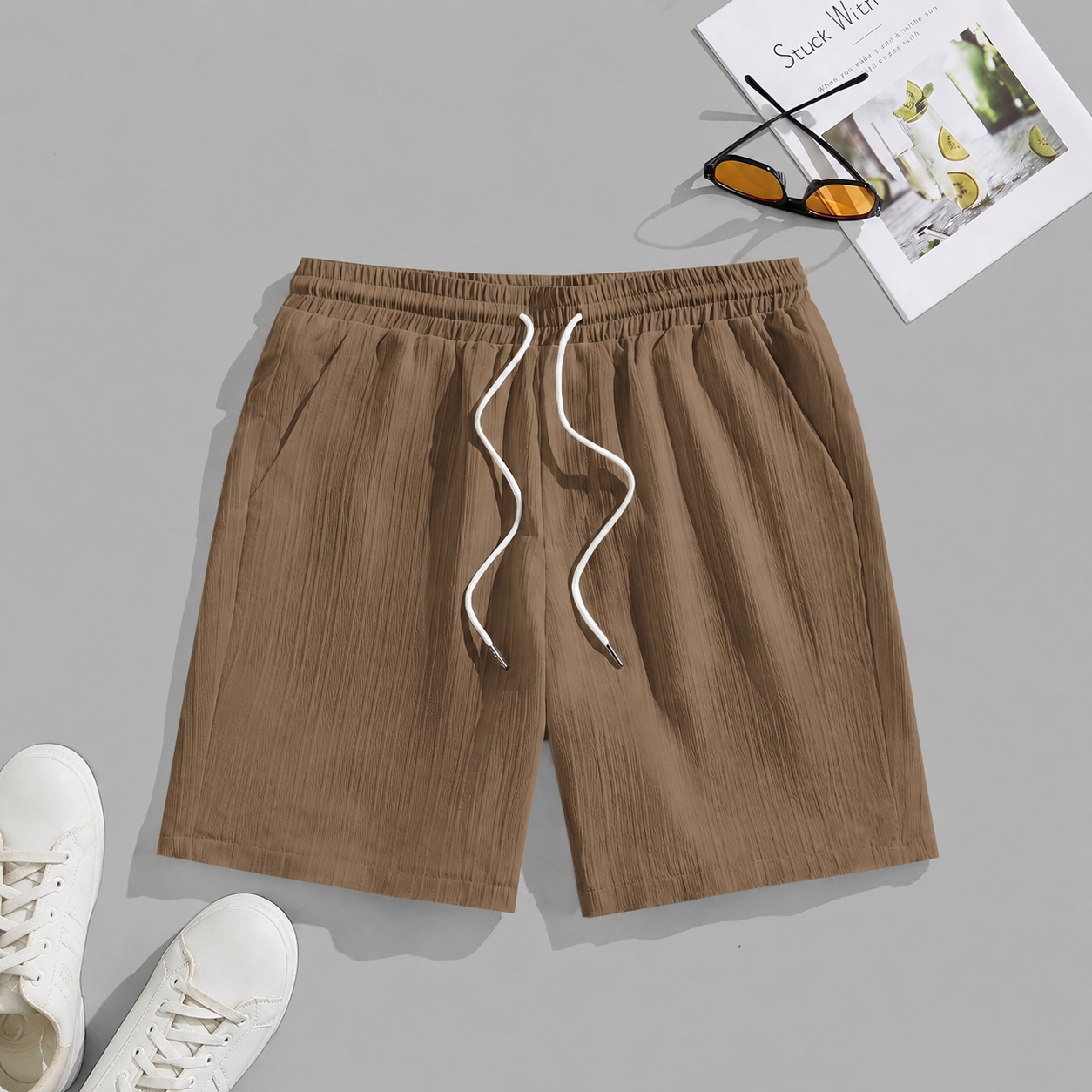 Casual Textured Summer Shorts With Drawstring For Men