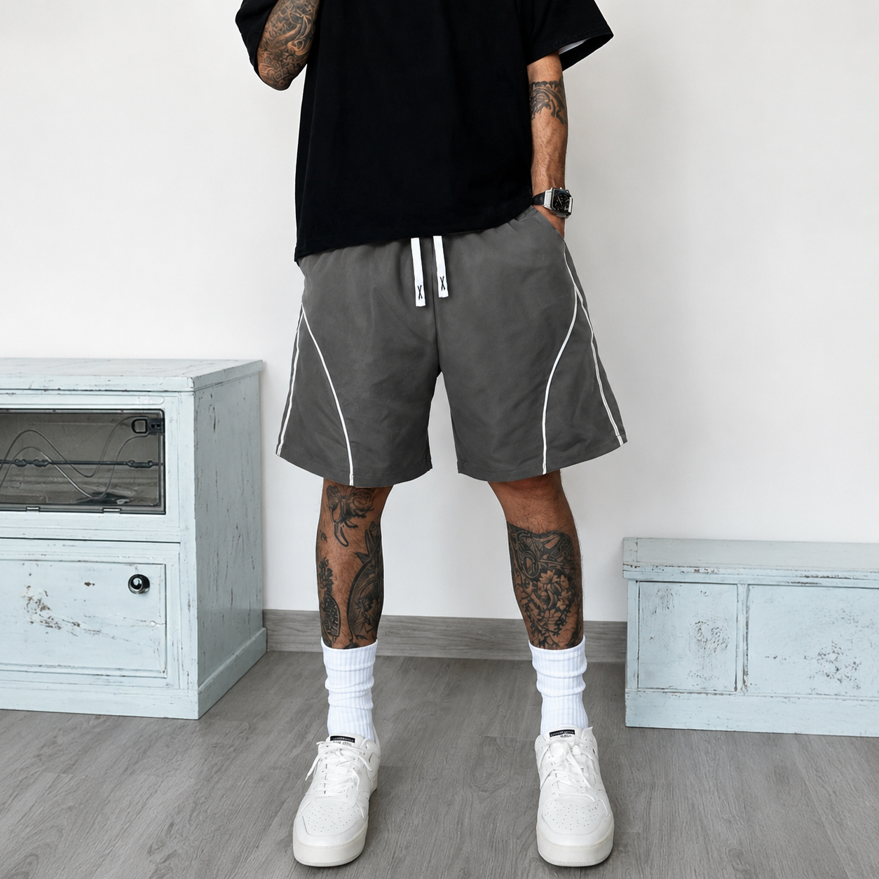 Casual Contrast Shorts With Drawstring And Pocket For Men