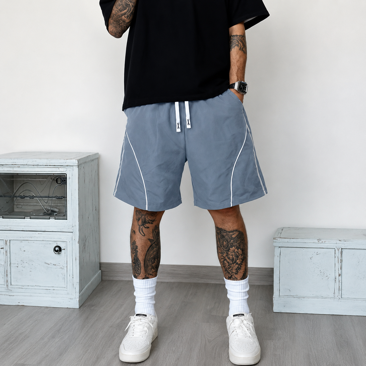 Casual Contrast Shorts With Drawstring And Pocket For Men