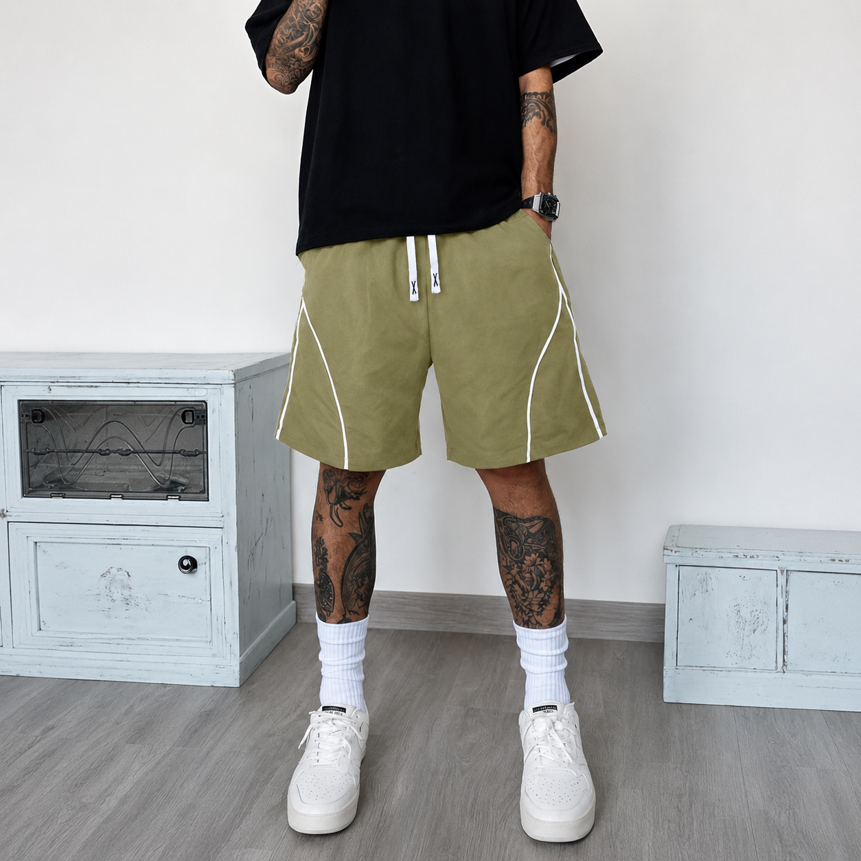 Casual Contrast Shorts With Drawstring And Pocket For Men
