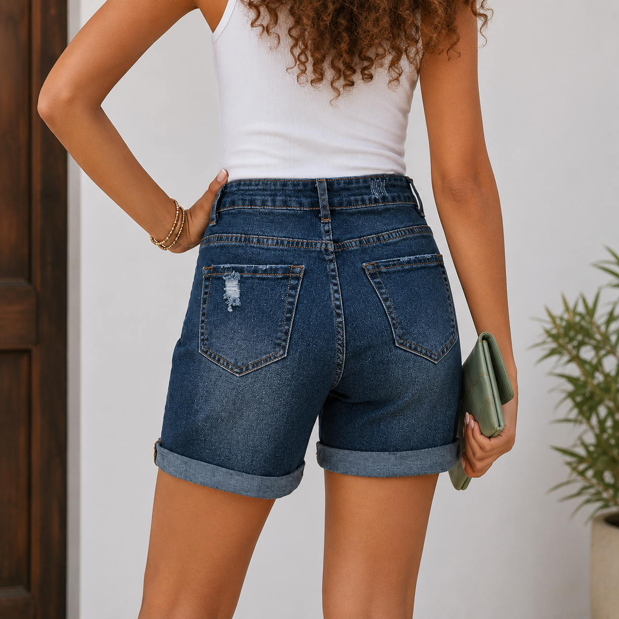 Casual Denim Ripped Stretchy Shorts For Women