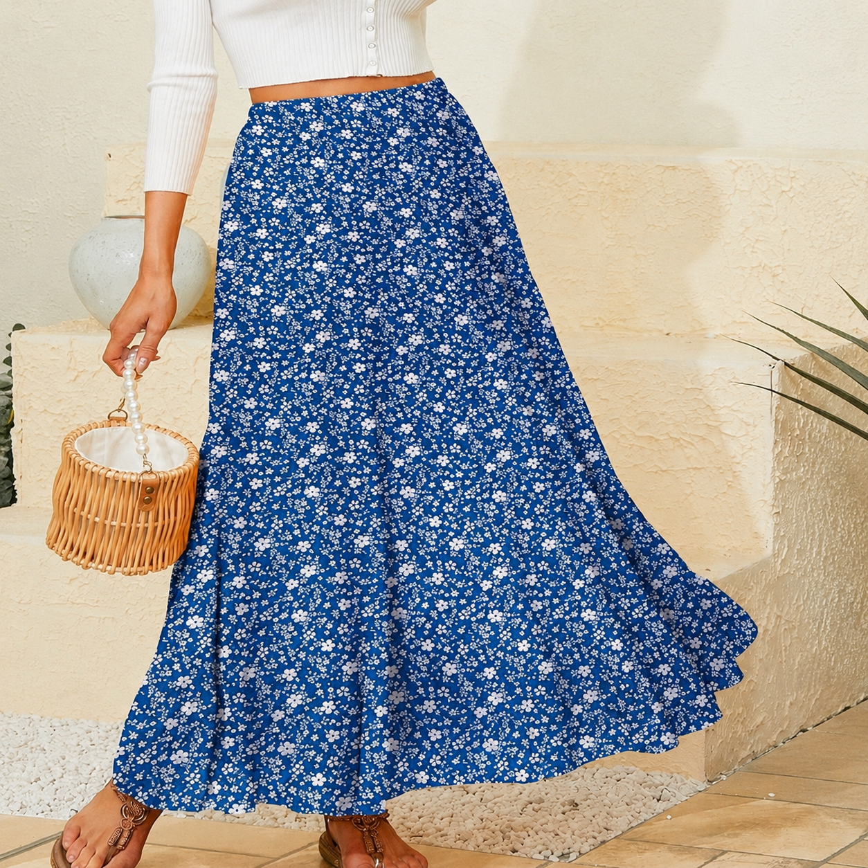 Chiffon Elastic High Waist Pleated Flared Maxi Skirts