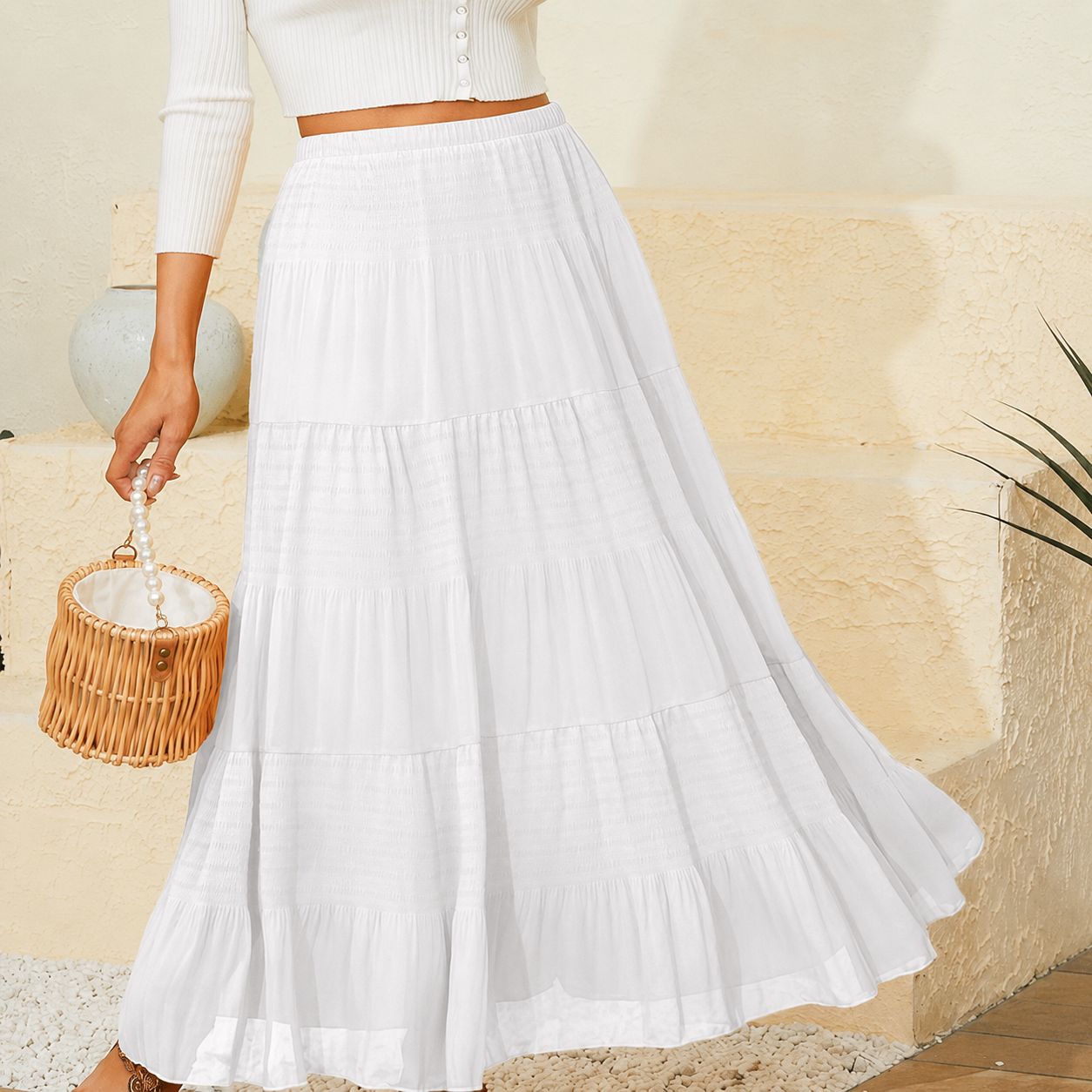 Chiffon Elastic High Waist Pleated Flared Maxi Skirts