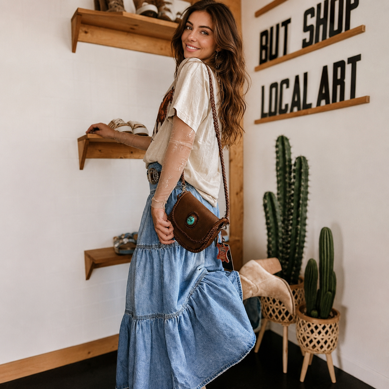 Ruffle Denim Tiered Skirt With Button For Women