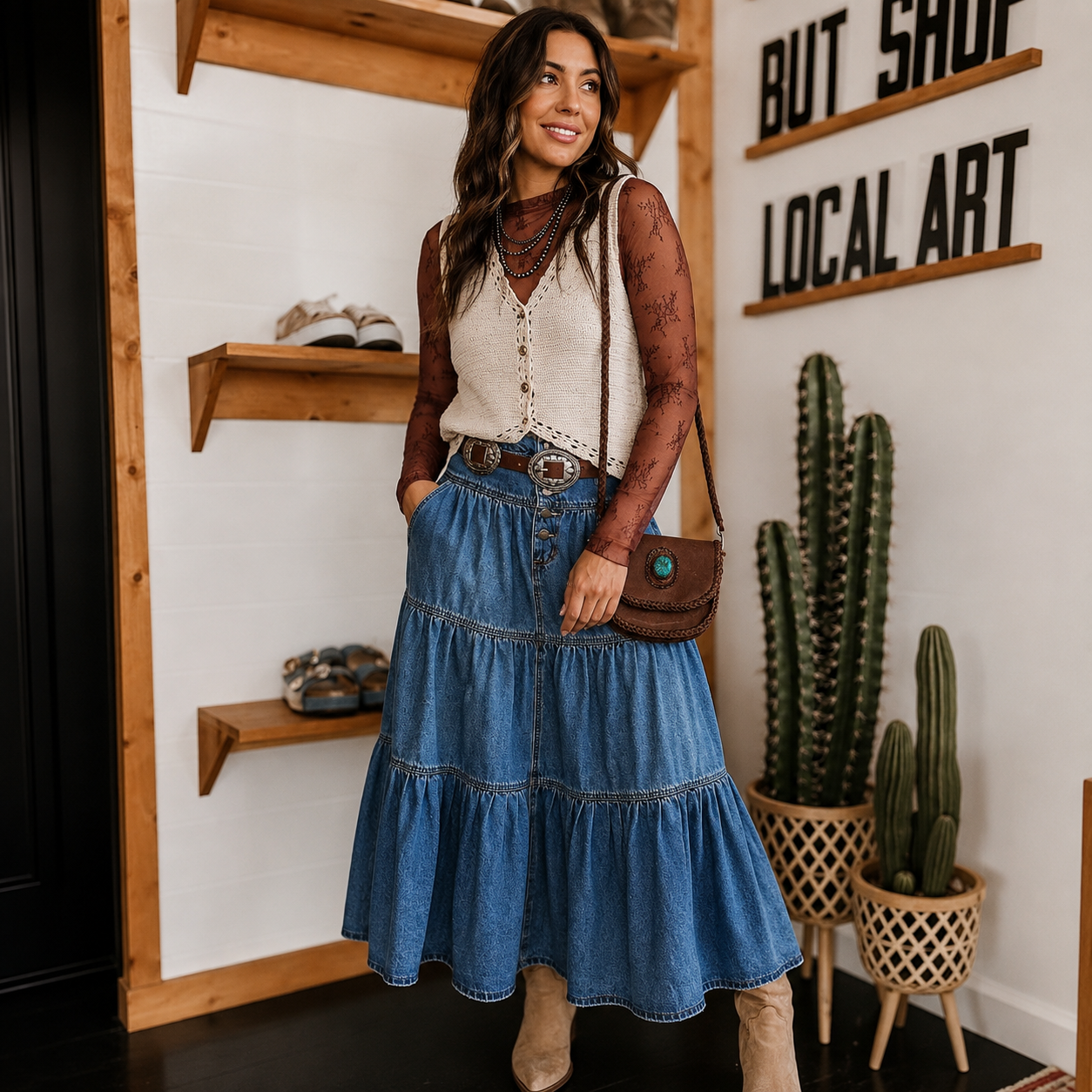 Ruffle Denim Tiered Skirt With Button For Women