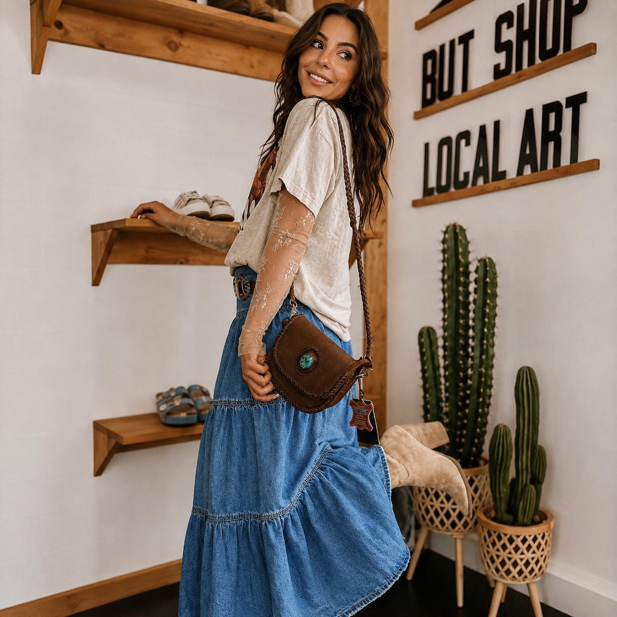 Ruffle Denim Tiered Skirt With Button For Women
