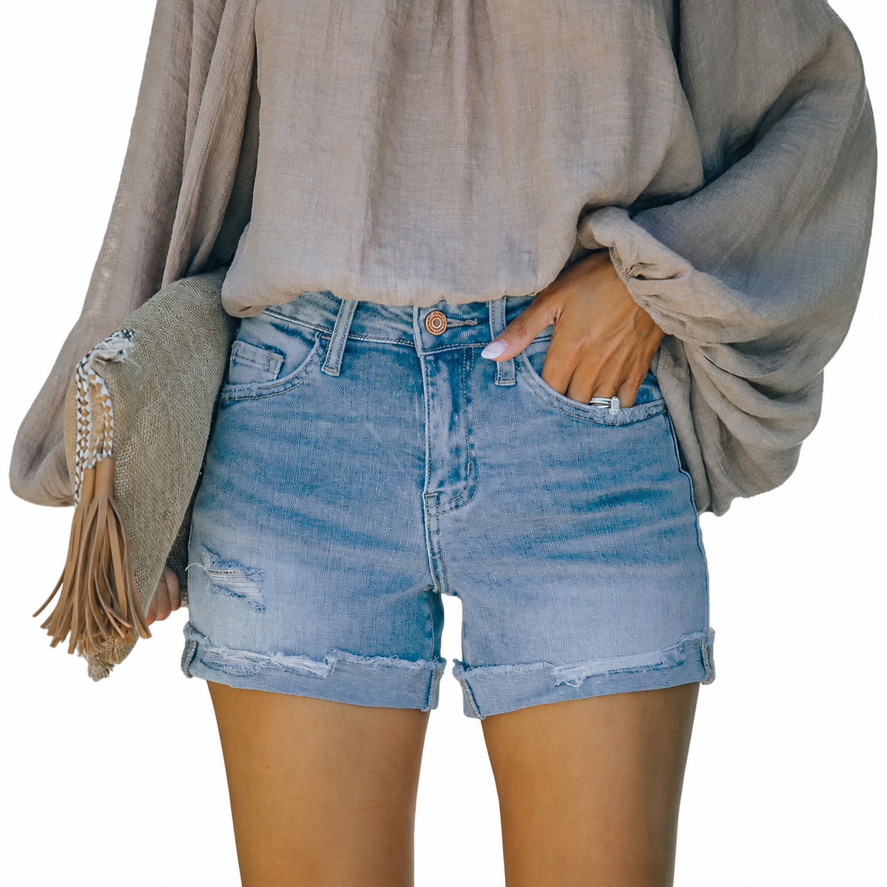 Casual Mid Rise Ripped Stretchy Denim Shorts For Women