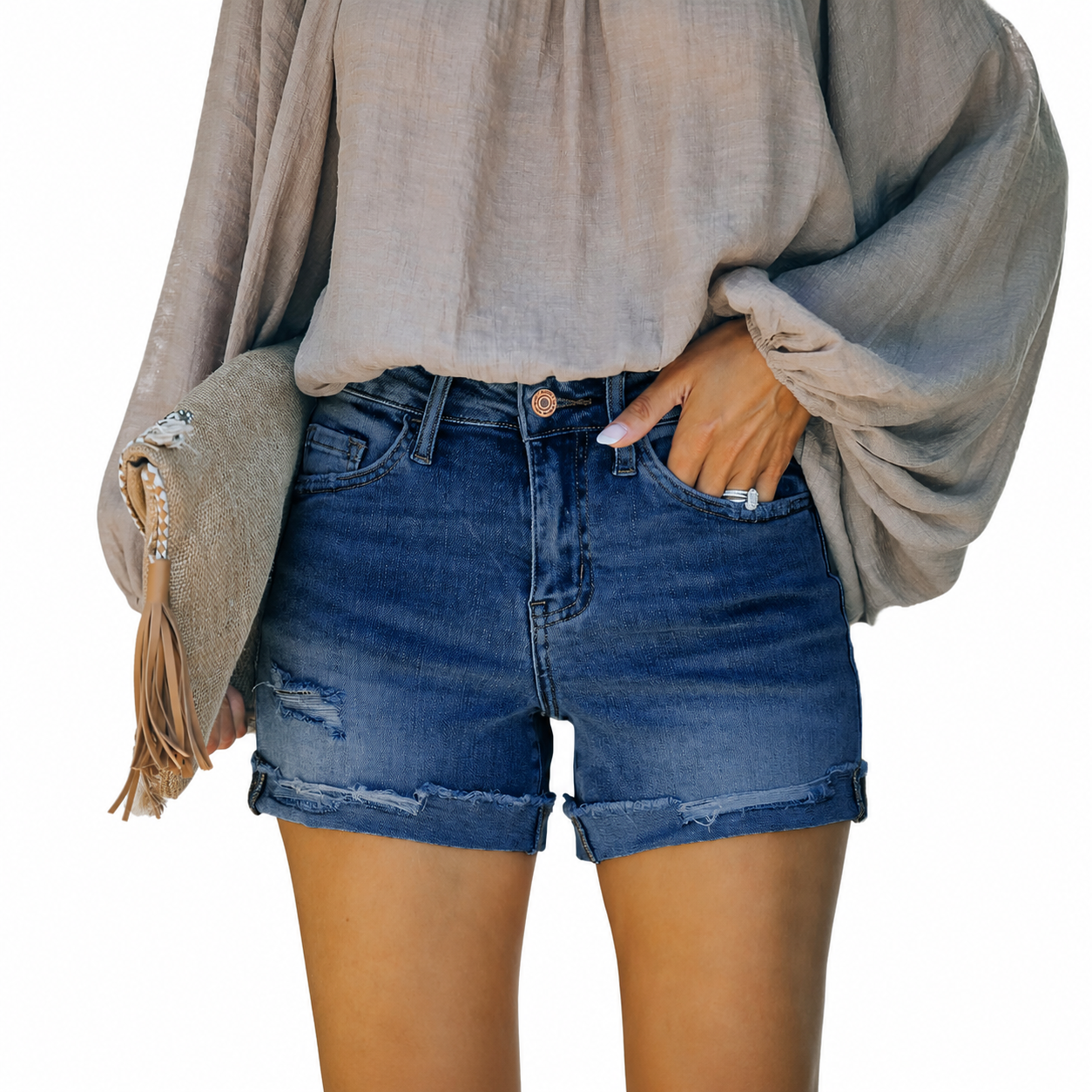 Casual Mid Rise Ripped Stretchy Denim Shorts For Women