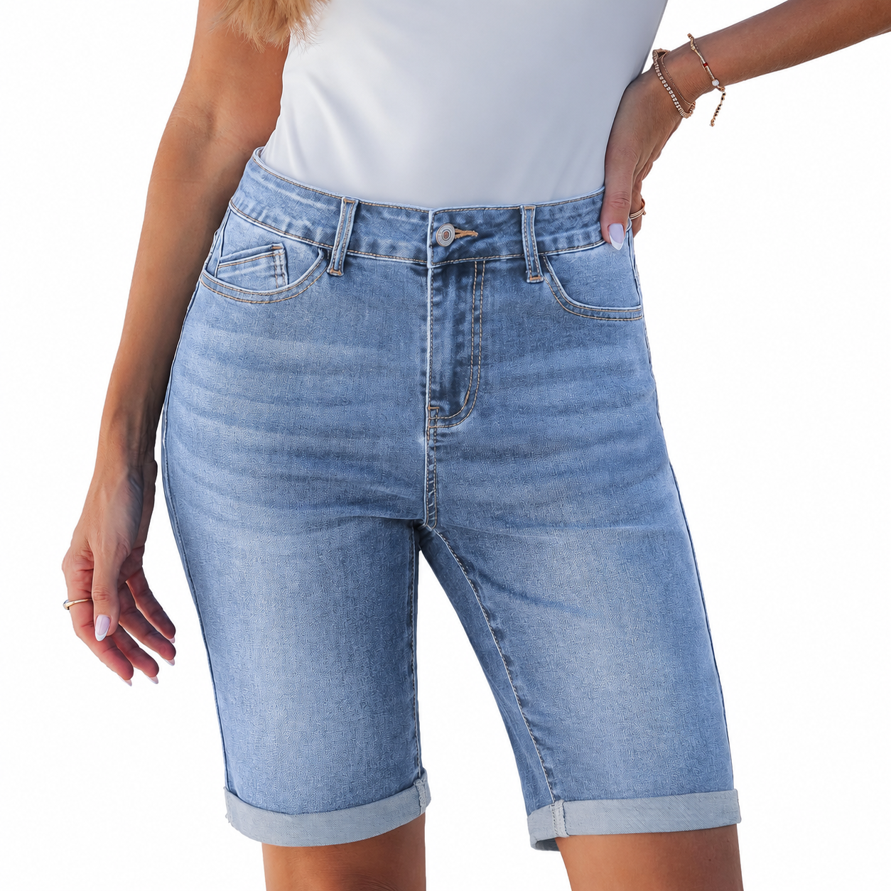 Bermuda Cuffed Hem Long Stretchy Denim Shorts For Women