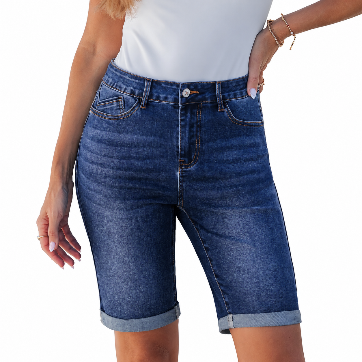 Bermuda Cuffed Hem Long Stretchy Denim Shorts For Women