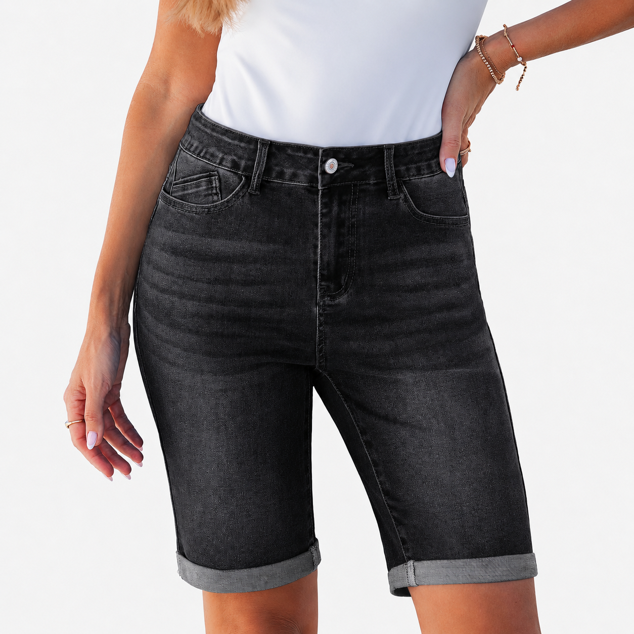 Bermuda Cuffed Hem Long Stretchy Denim Shorts For Women