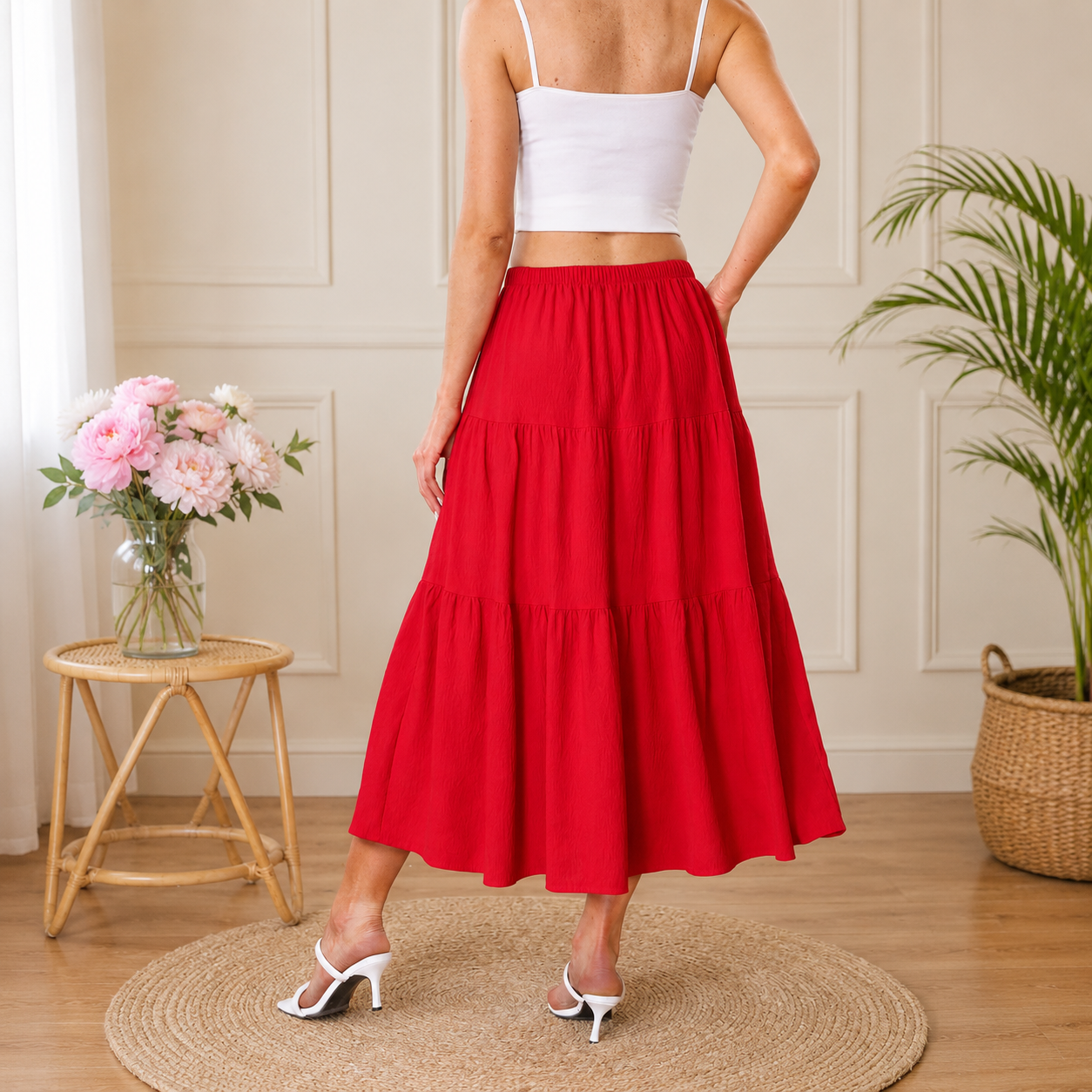 Casual Elastic High Waist Tiered Skirt For Women