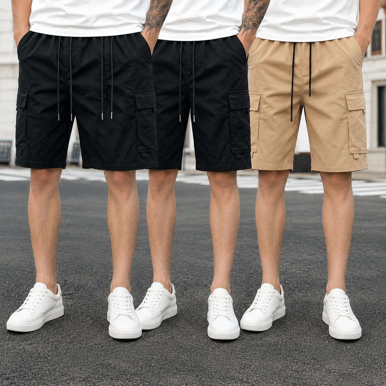 Pack Of 3 Multi Pocket Drawstring Casual Cargo Shorts For Men
