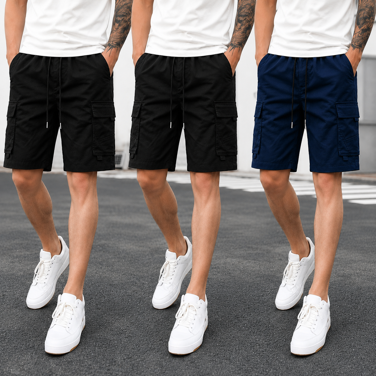 Pack Of 3 Multi Pocket Drawstring Casual Cargo Shorts For Men