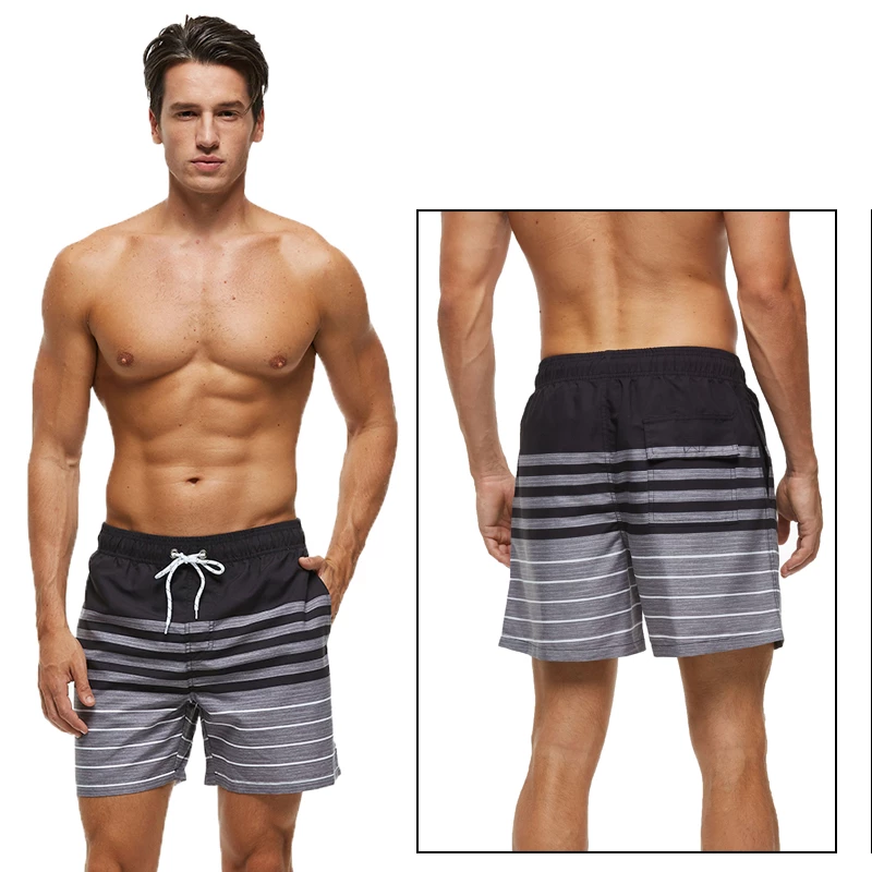 Black Stripe Print Plus Size Drawstring Shorts-Waves And Trunks