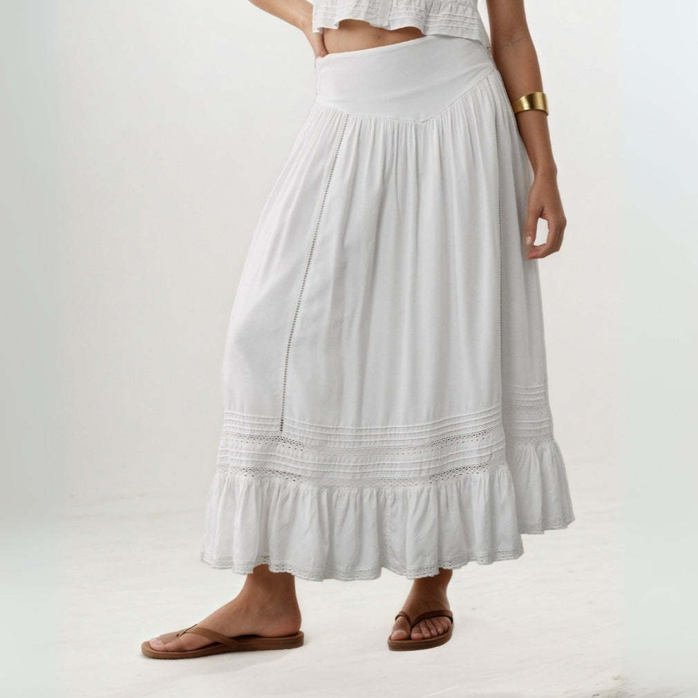 Flowing Summer Skirt - White Maxi with Ruffle | Women’s Apparel