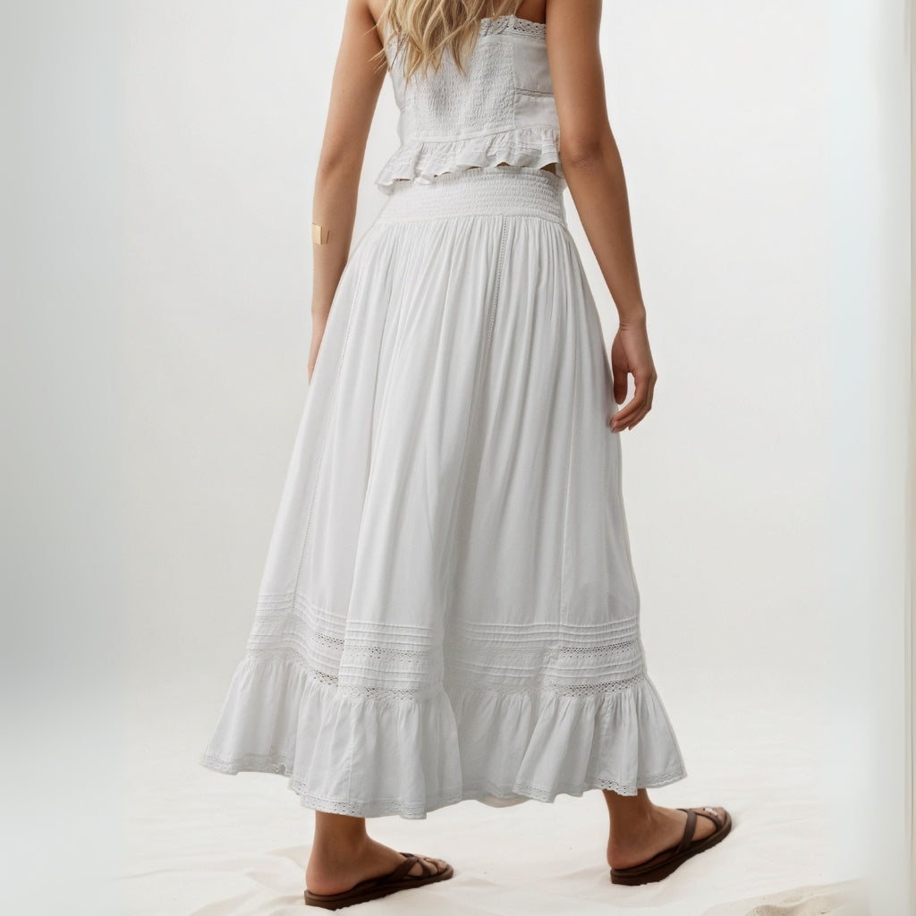White High-Waisted Ruffle Maxi Skirt