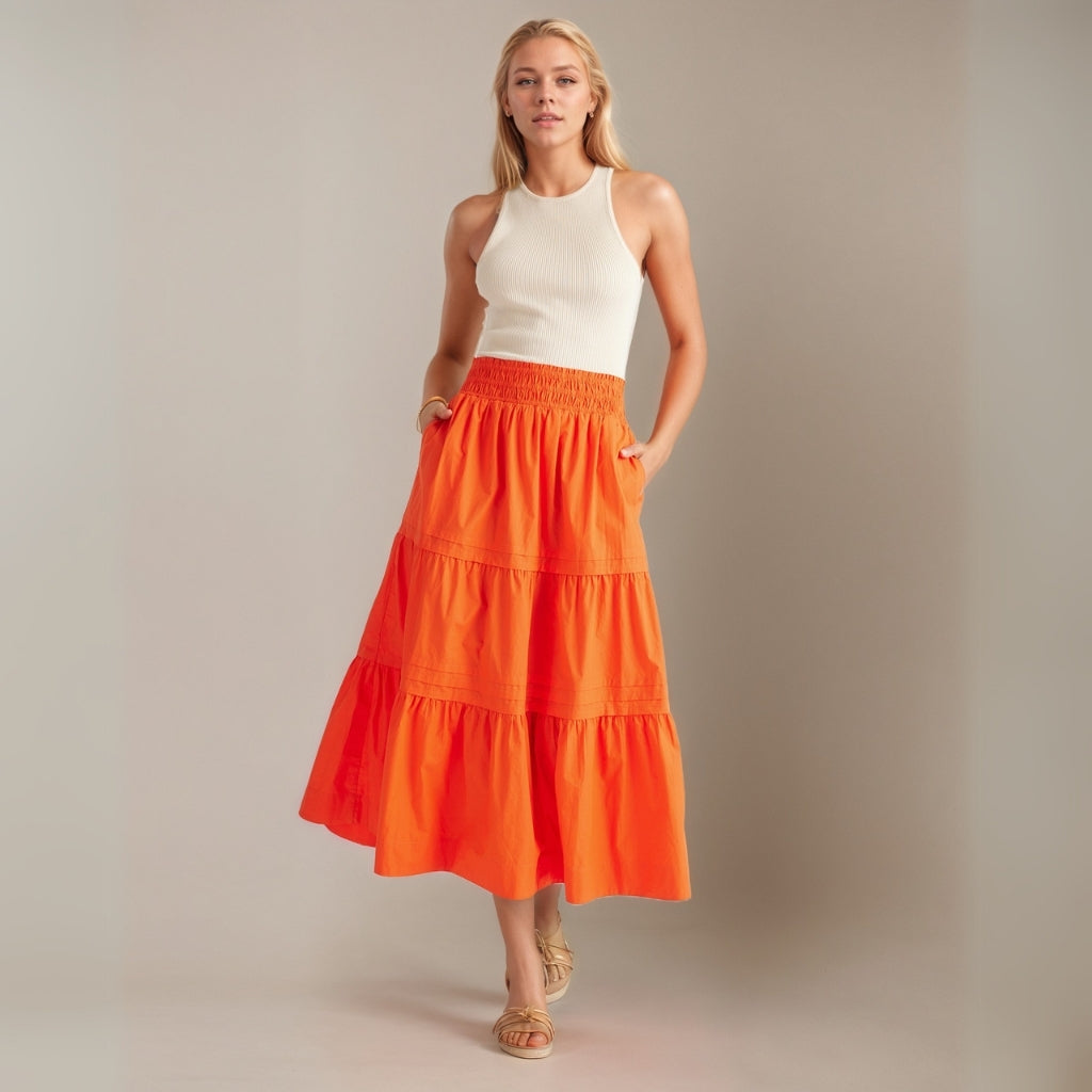 100% Organic Cotton Poplin Tiered Maxi Skirt
