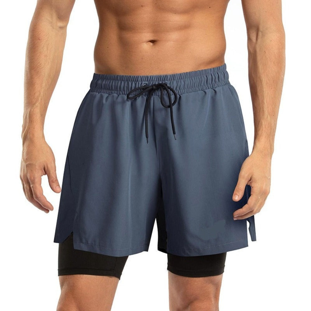 Men's 2 in 1 Quick-Dry Grey Solid Sports Shorts-Waves And Trunks