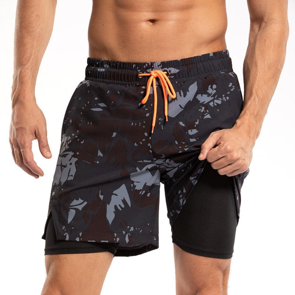 Men's 2 in 1 Quick-Dry Grey Camouflage Print Sports Shorts-Waves And Trunks