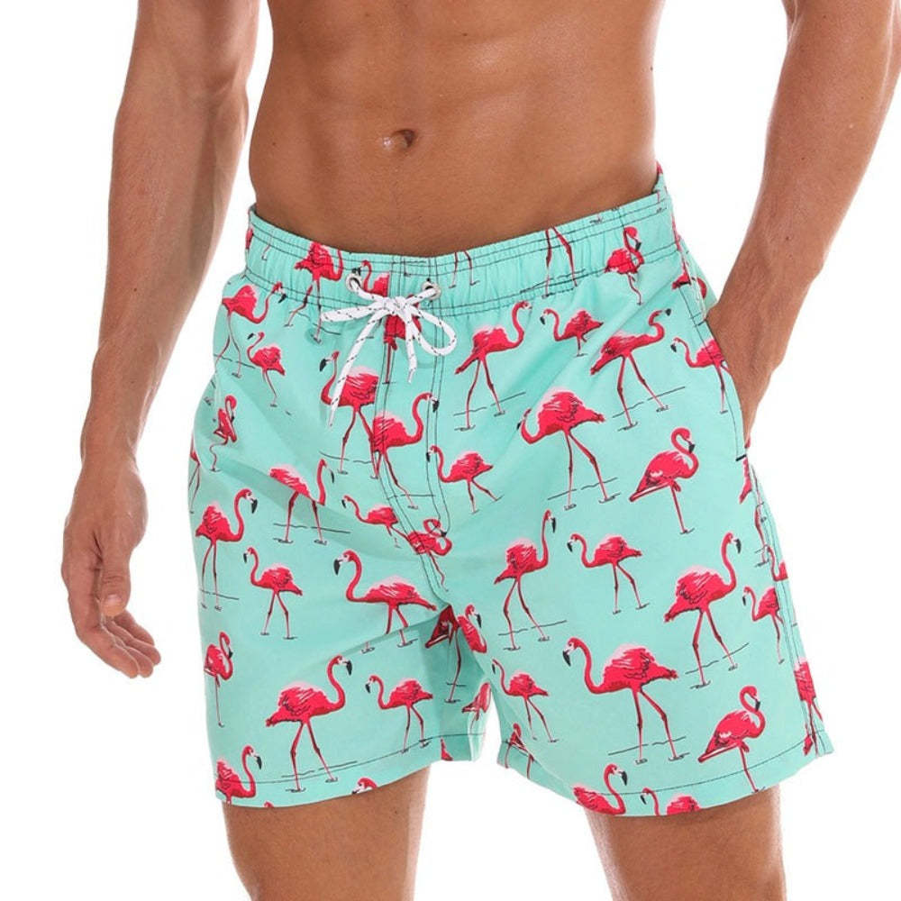 Green Flamingo Printed Plus Size Drawstring Shorts-Waves And Trunks