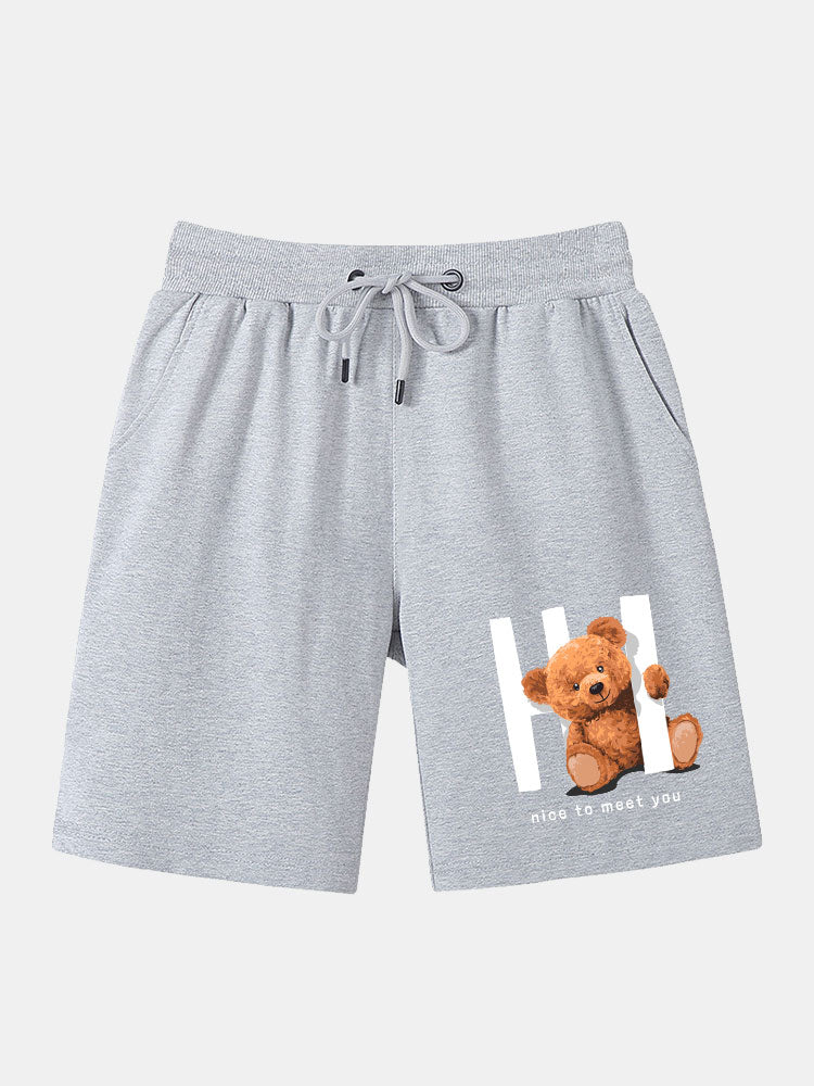 Bear Print Shorts With Drawstring-Waves And Trunks