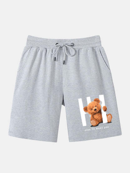 Bear Print Shorts With Drawstring-Waves And Trunks