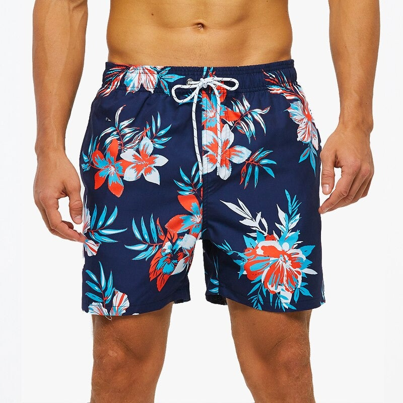 Men's Navy Flower Quick Dry Swim Shorts-Waves And Trunks