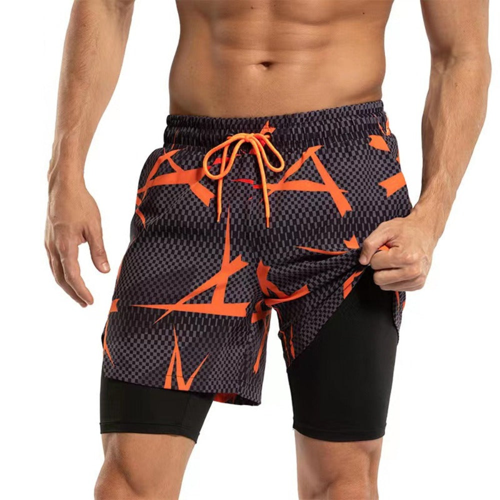 Men's 2 in 1 Quick-Dry Orange Geometric Print Sports Shorts-Waves And Trunks