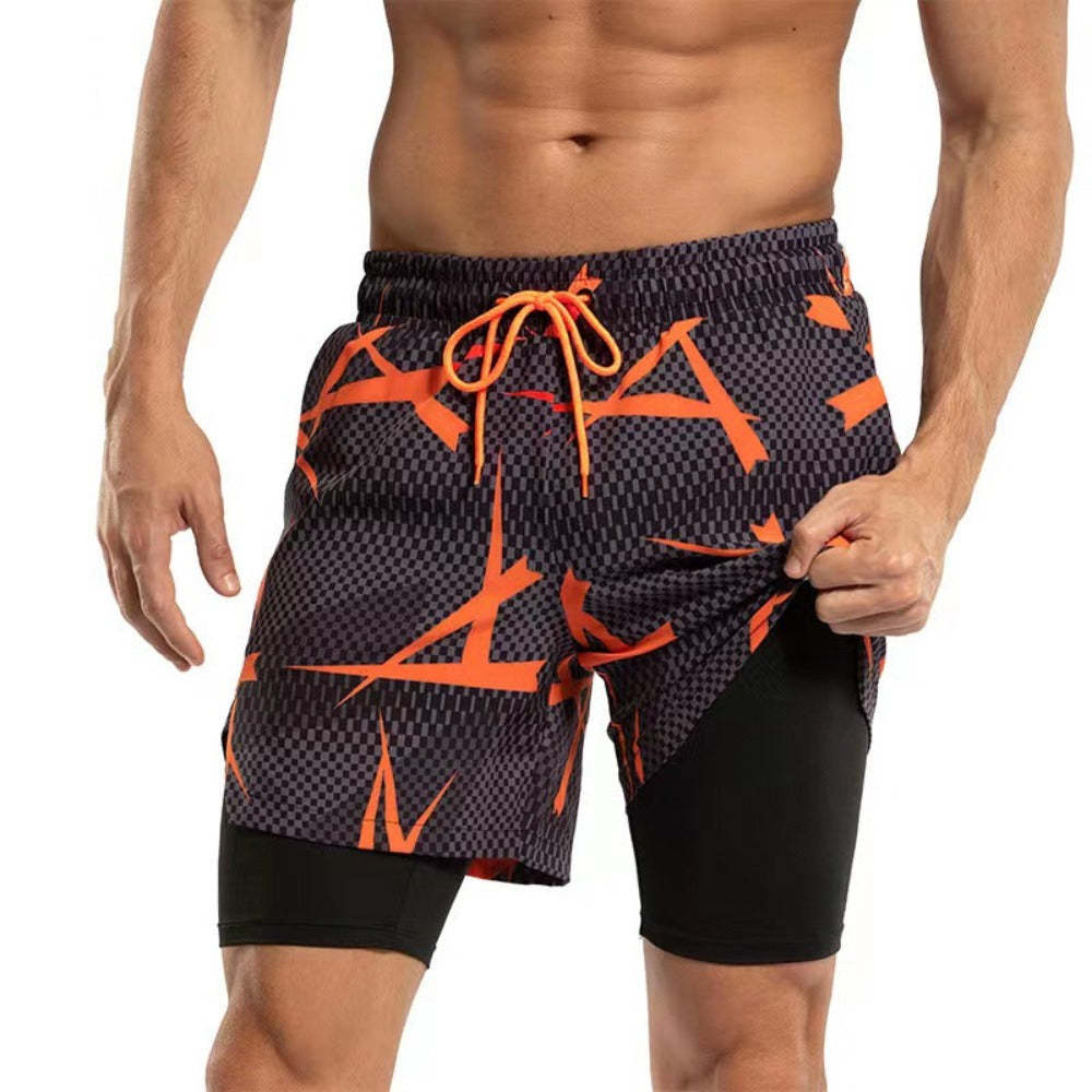 Men's 2 in 1 Quick-Dry Orange Geometric Print Sports Shorts-Waves And Trunks