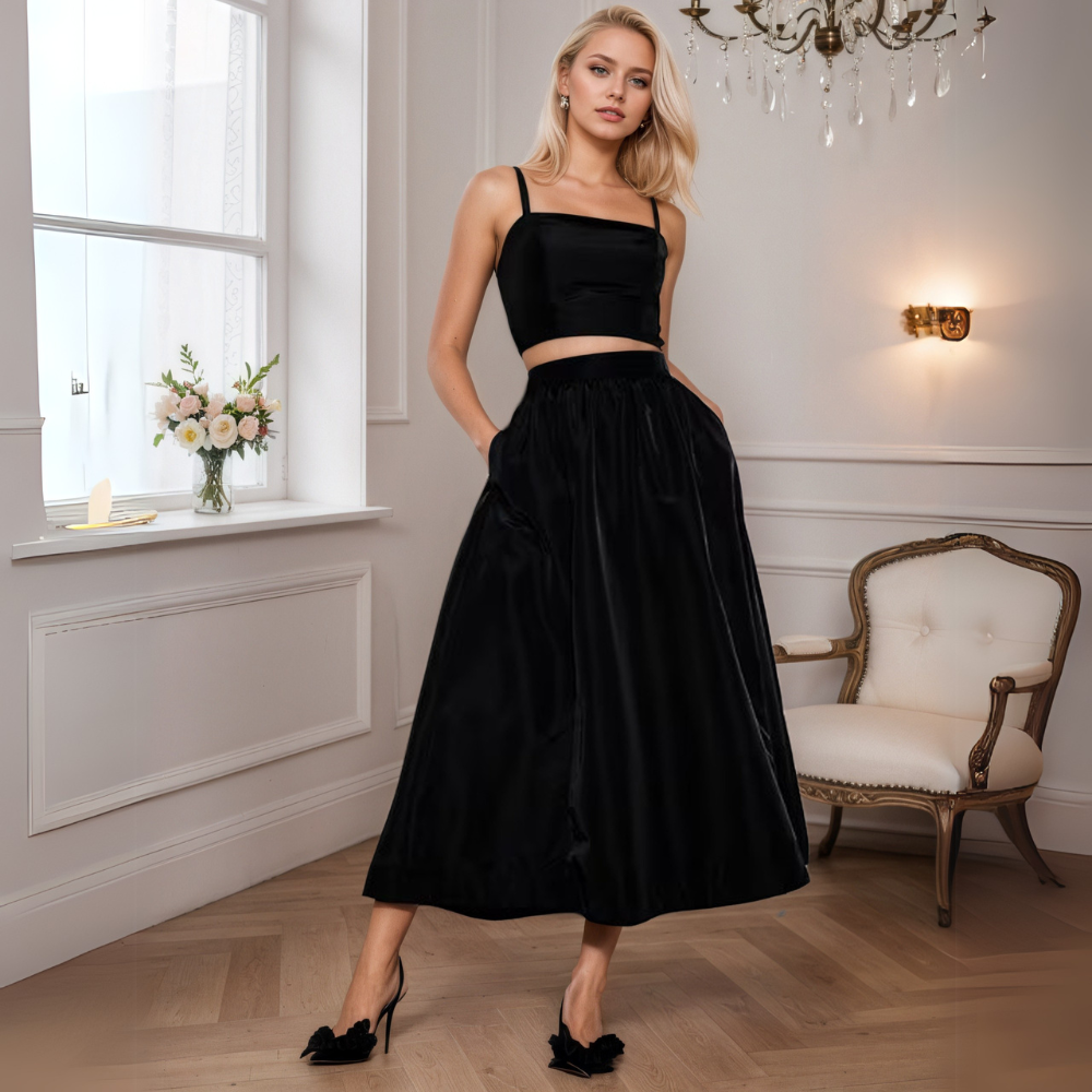 High-Waisted Taffeta Midi Skirt