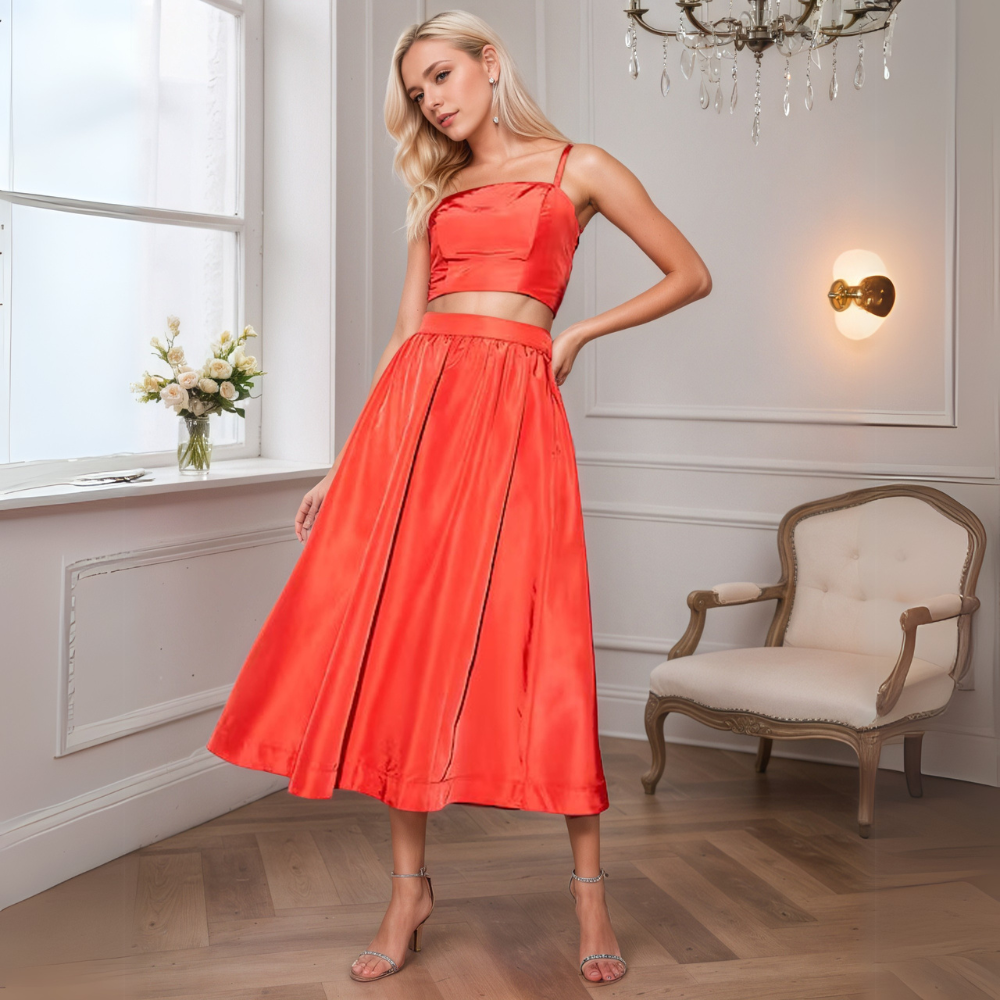 High-Waisted Taffeta Midi Skirt