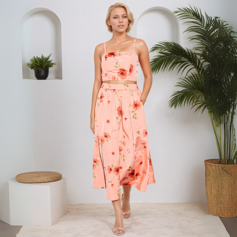 High-Waisted Taffeta Midi Skirt