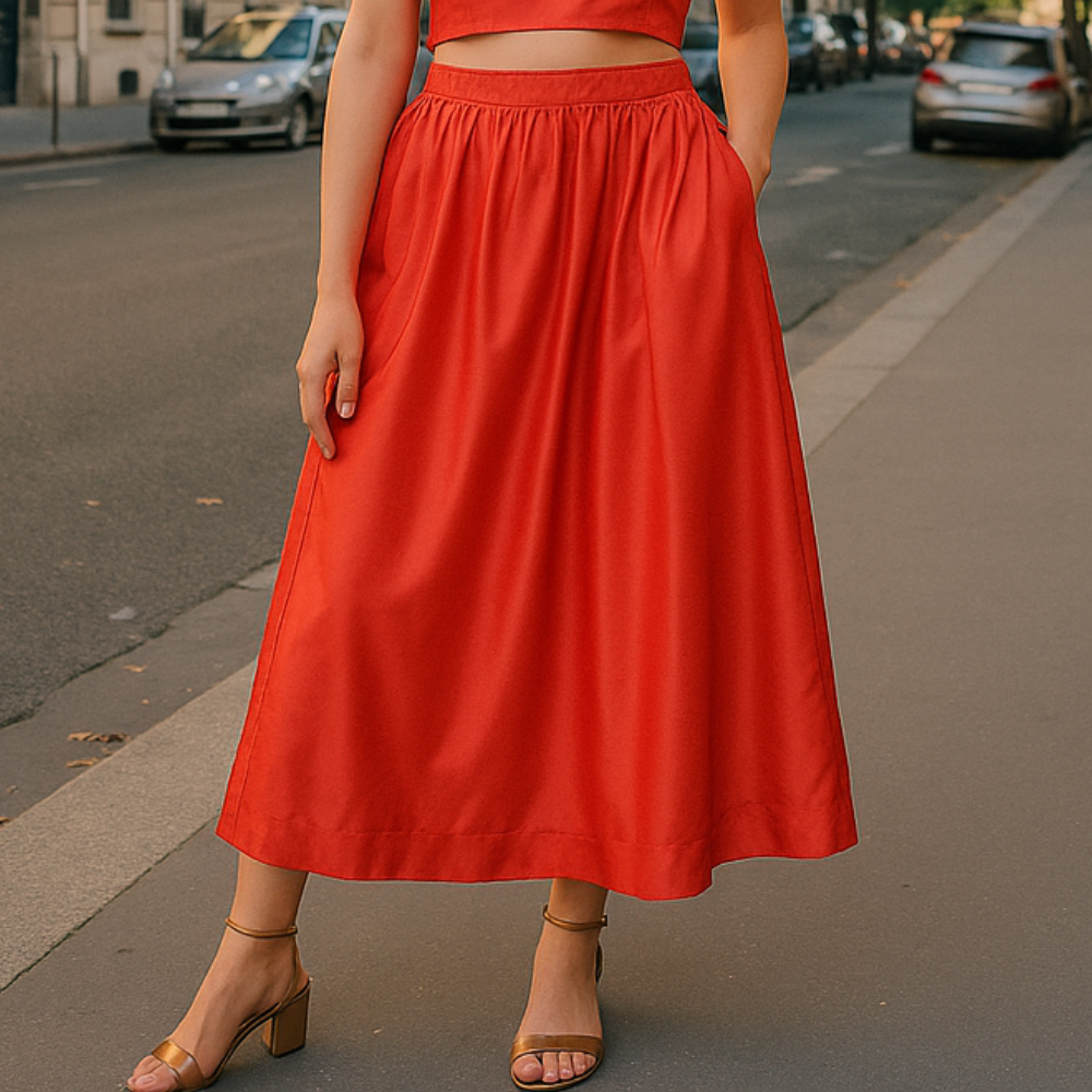 High-Waisted Taffeta Midi Skirt