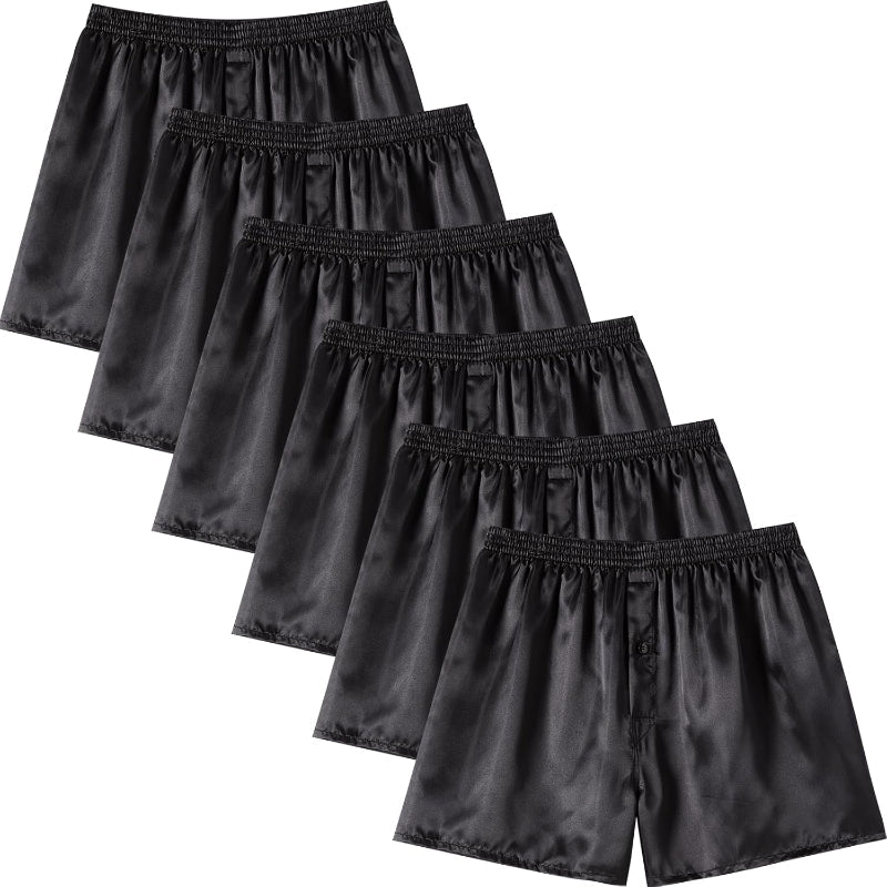 6 Pack Satin Boxer Shorts – Silky Soft Lounge Wear With Button Fly-Waves And Trunks