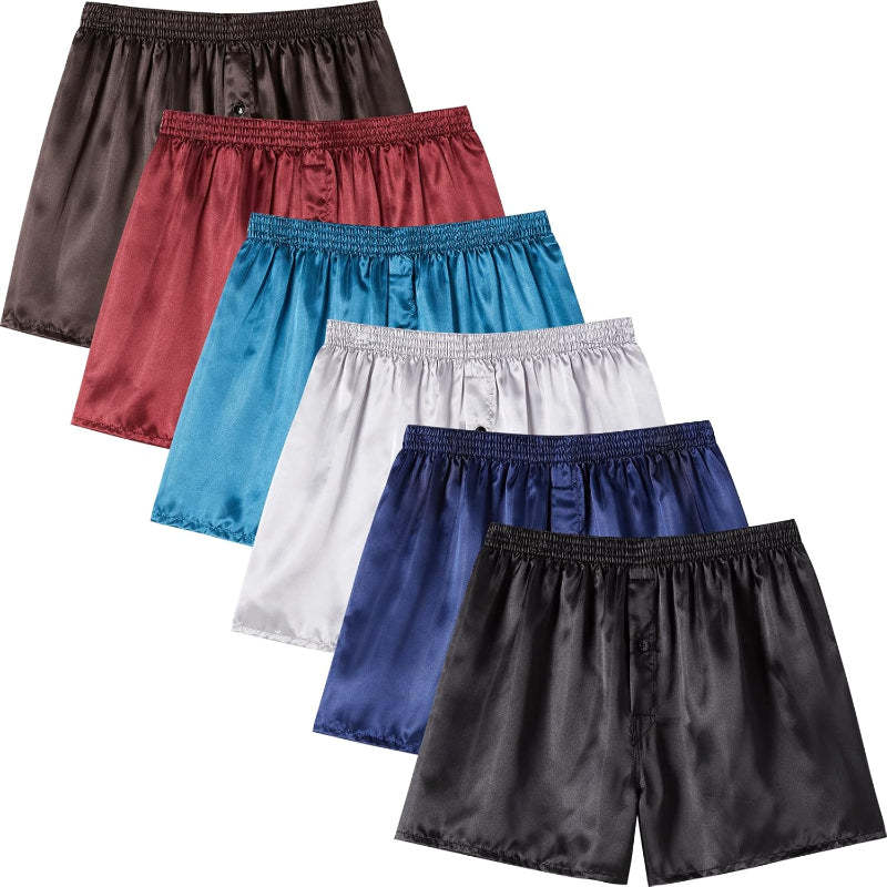 6 Pack Satin Boxer Shorts – Silky Soft Lounge Wear With Button Fly-Waves And Trunks
