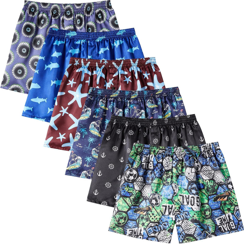 6 Pack Satin Boxer Shorts – Silky Soft Lounge Wear With Button Fly-Waves And Trunks