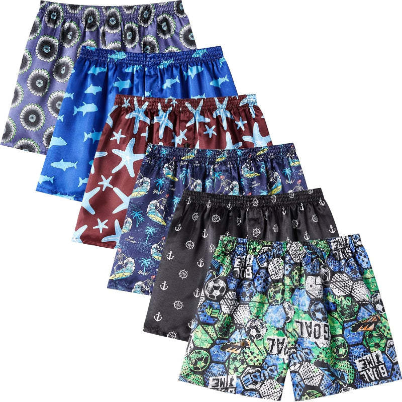 6 Pack Satin Boxer Shorts – Silky Soft Lounge Wear With Button Fly-Waves And Trunks