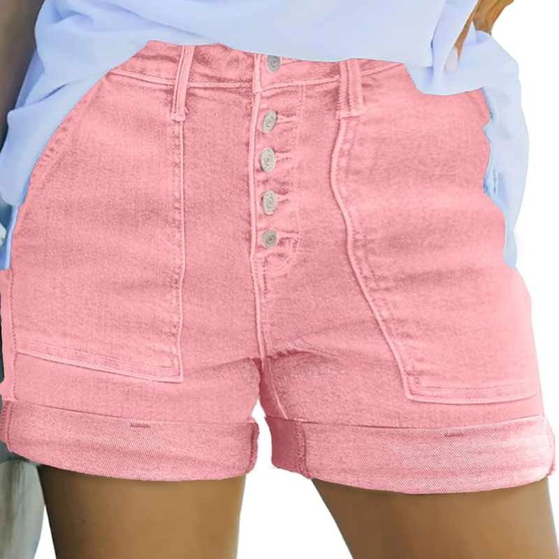 Stretchy Buttoned Denim Shorts – Folded Hem with Pockets-Waves And Trunks