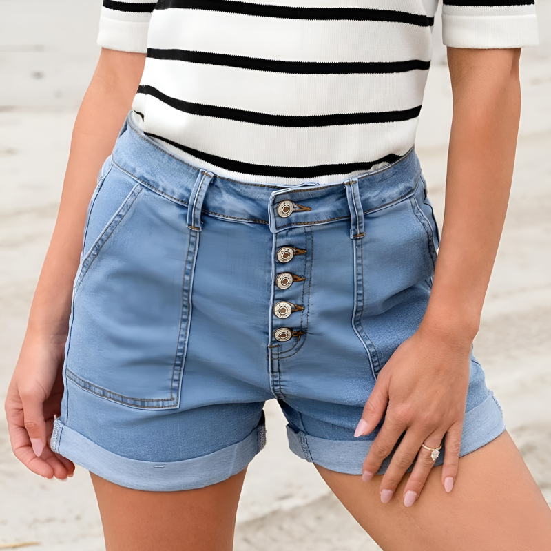Stretchy Buttoned Denim Shorts – Folded Hem with Pockets-Waves And Trunks