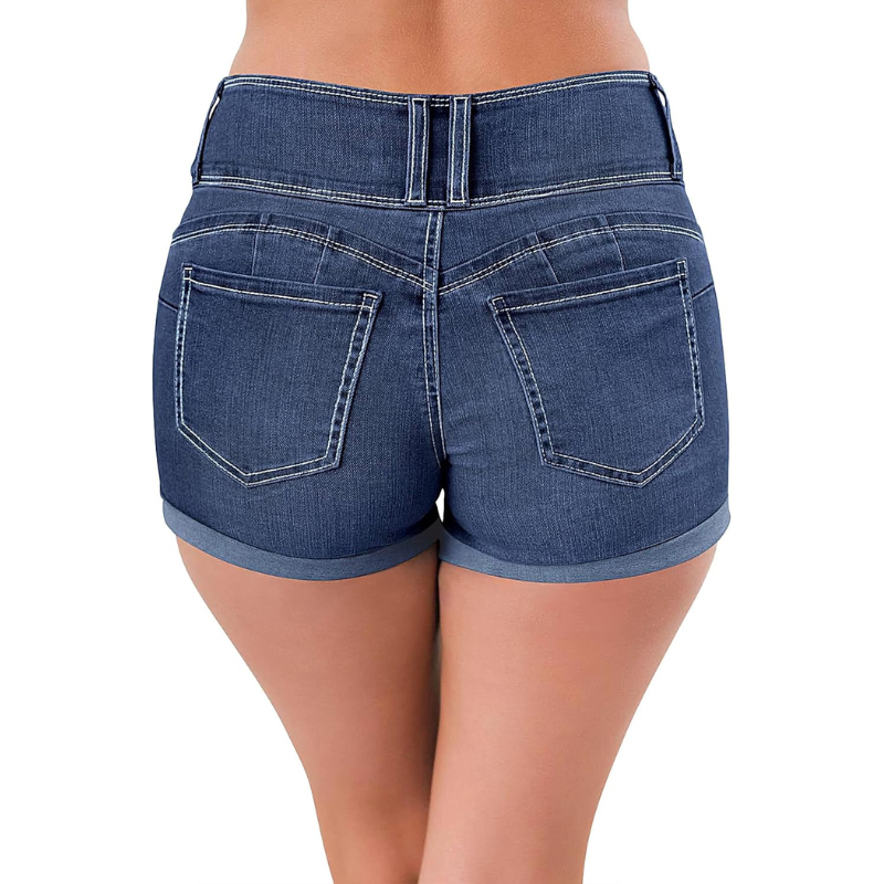 Cuffed Hem Stretchy Denim Shorts-Waves And Trunks